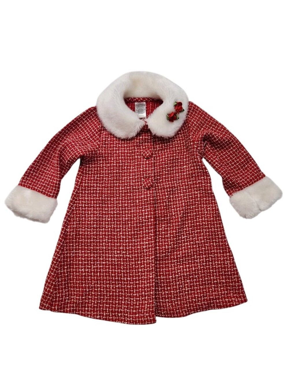 Girls 24M Red White Boucle Dressy Overcoat Holiday Jacket Faux Fur Collar